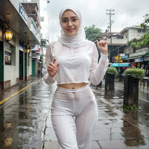 Young beautiful sweet sundanese Bogor city girl, 25 years old, slim body, georgeus face, no underwear, wearing  wet white thin hijab, all her  hairs covered under her hijab,  wearing wet white thin see through very transparent buttoned dress, wearing wet w...