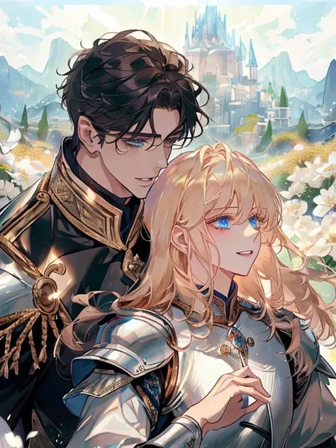 ((​masterpiece:1.2、top-quality))、((Two men))、blonde  hair、blue eyess(a handsome:1.4)、Guys only:1.3、Uniforms、royalty、Black Knight、Short black hair、Golden Eyes、Scar on the right eye、Black Armor、Fantasia、blooming flowers、sunlights、Fantastic Light and Shadow、l...