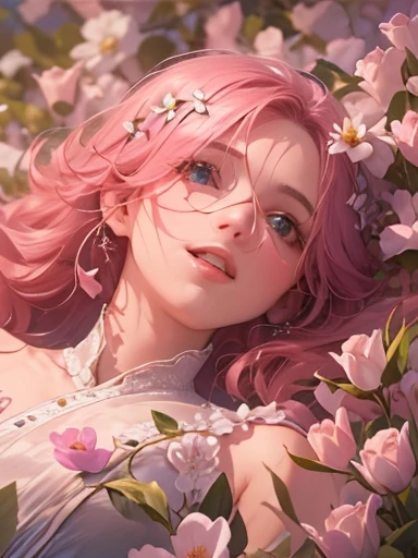 Soft lighting, Dreamy atmosphere, Great aesthetics, fantasy theme, Natural elements, Floral Background, Subtle details, Flowing pink hair, Unusual pose, Bright colors, Petals falling, Lying face down