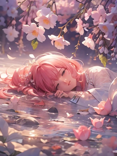 Soft lighting, Dreamy atmosphere, Great aesthetics, fantasy theme, Natural elements, Floral Background, Subtle details, Flowing pink hair, Unusual pose, Bright colors, Petals falling, Lying face down