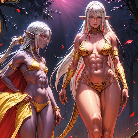 Full body, masterpiece, female drow elf purple skin standing pose (yellow tiger bikini), red cape, red bikini, long white hair, strong body, abs, Ultra Quality, Shiny Skin, Atmospheric, 8K, Cinematic, ((streaked hair, simple background, round eyewear, nd))...