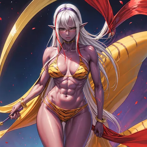 Full body, masterpiece, female drow elf purple skin standing pose (yellow tiger bikini), red cape, red bikini, long white hair, strong body, abs, Ultra Quality, Shiny Skin, Atmospheric, 8K, Cinematic, ((streaked hair, simple background, round eyewear, nd))...