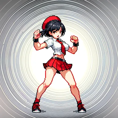 (masterpiece, top quality, best quality), pixel,pixel art,1girl,hat,white shirt,red short skirt,black hair,punch power,full body, 
 