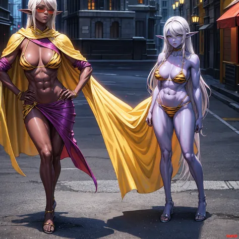 Full body, masterpiece, female drow elf purple skin standing pose (yellow tiger bikini), red cape, red bikini, long white hair, strong body, abs, Ultra Quality, Shiny Skin, Atmospheric, 8K, Cinematic, ((Street background)), BREAK, Sunglasses