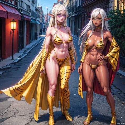 Full body, masterpiece, female drow elf purple skin standing pose (yellow tiger bikini), red cape, red bikini, long white hair, strong body, abs, Ultra Quality, Shiny Skin, Atmospheric, 8K, Cinematic, ((Street background)), BREAK, Sunglasses