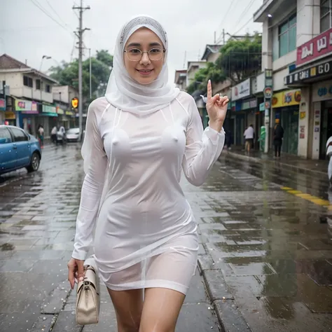 Young beautiful sweet sundanese Bogor city girl, 25 years old, slim body, georgeus face, no underwear, wearing  wet white thin hijab, all her  hairs covered under her hijab,  wearing wet white thin see through very transparent buttoned dress, wearing wet w...