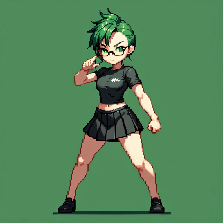 (masterpiece, top quality, best quality), pixel,pixel art,1girl,glasses,black shirt,black short skirt,green hair,punch power,full body, 
 