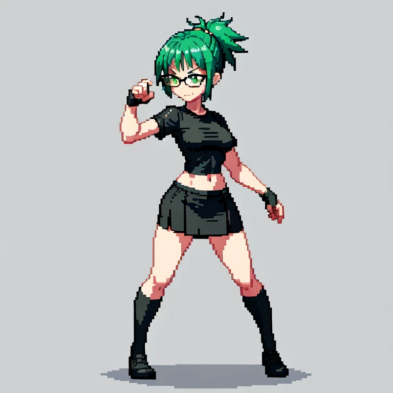 (masterpiece, top quality, best quality), pixel,pixel art,1girl,glasses,black shirt,black short skirt,green hair,punch power,full body, 
 