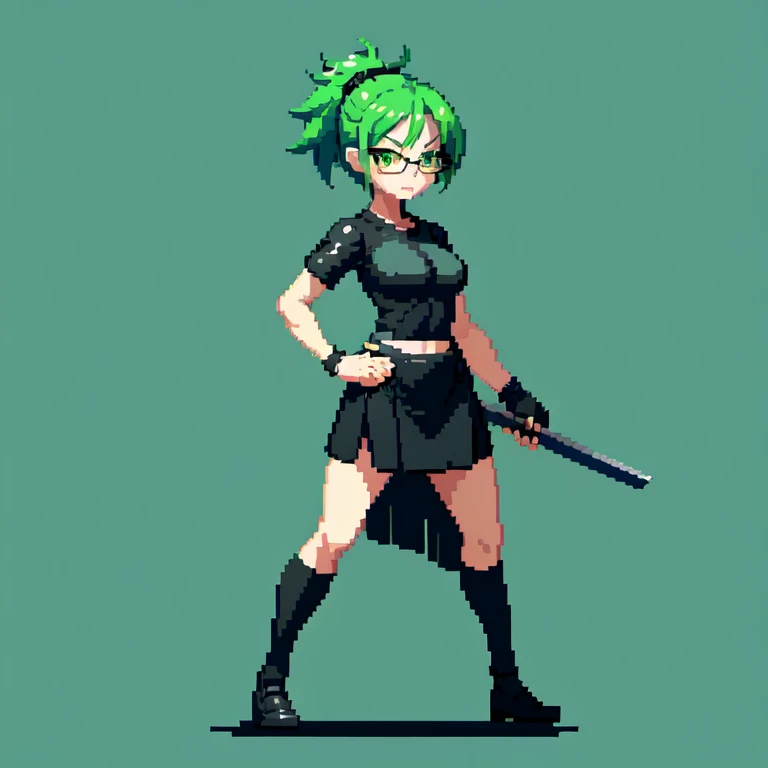 (masterpiece, top quality, best quality), pixel,pixel art,1girl,katana,glasses,black shirt,black long skirt,green hair,punch power,full body, 
 