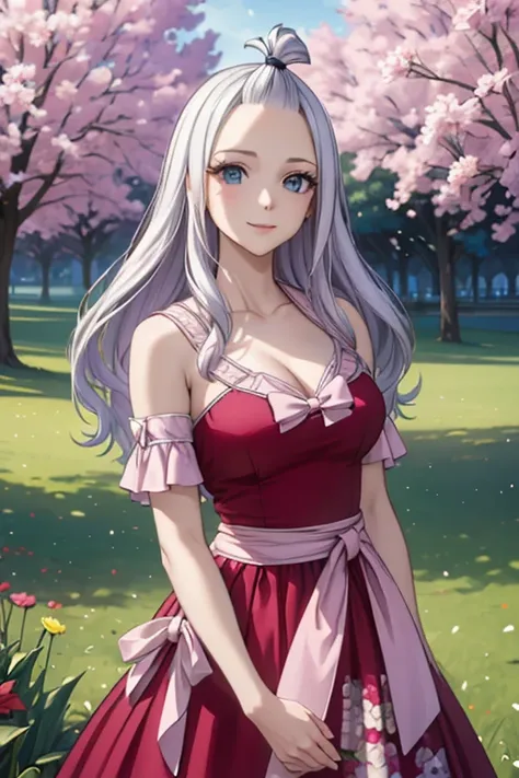 (best quality,4k,8k,highres,masterpiece:1.2),ultra-detailed,realistic,photorealistic:1.37, Mirajane Strauss, with a beautiful smile, in a field of flowers, wearing a dress with a floral print 