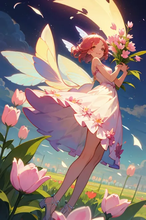 Flower Fairy,personification,Young beautiful woman,Tulip flower image,Bright and cheerful,smile,tall and slender