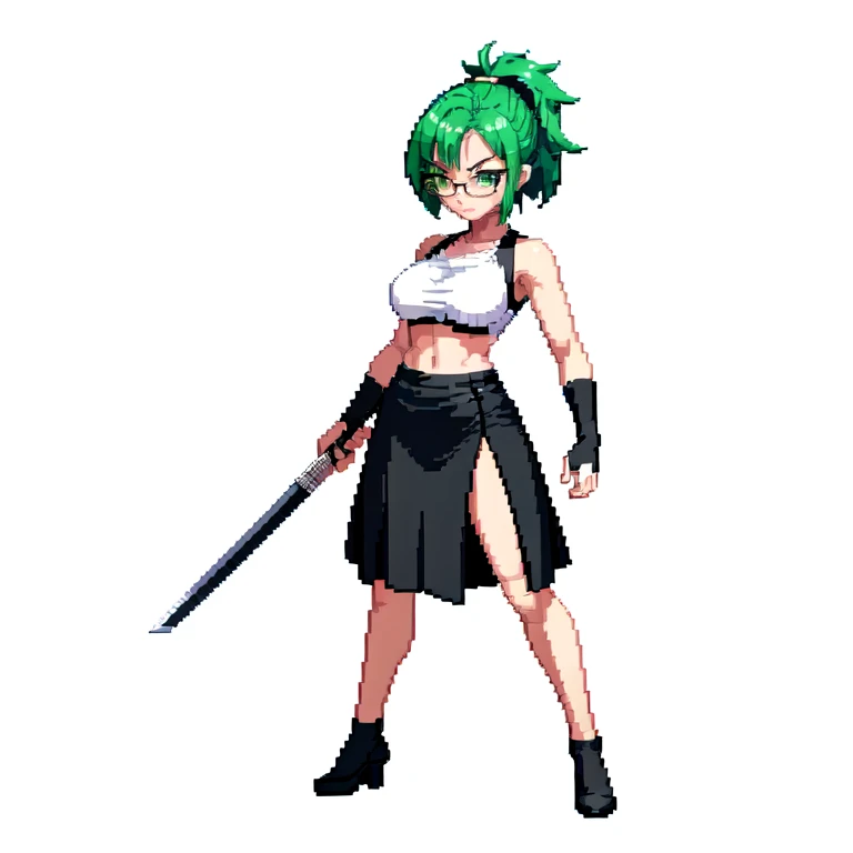 (masterpiece, top quality, best quality), pixel,pixel art,1girl,bosom,katana,glasses,black shirt,black long skirt,green hair,punch power,full body, 
 