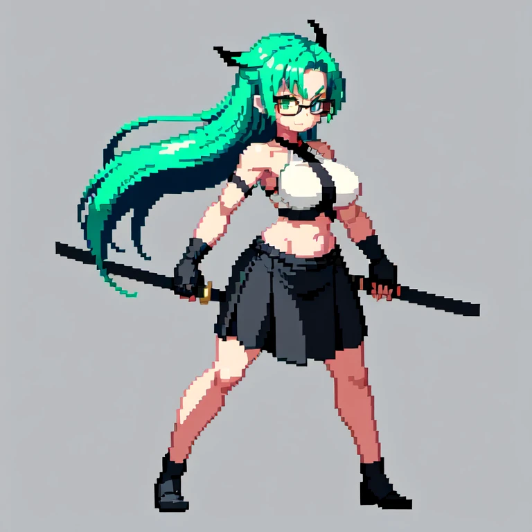 (masterpiece, top quality, best quality), pixel,pixel art,1girl,bosom,katana,glasses,black shirt,black long skirt,green hair,punch power,full body, 
 