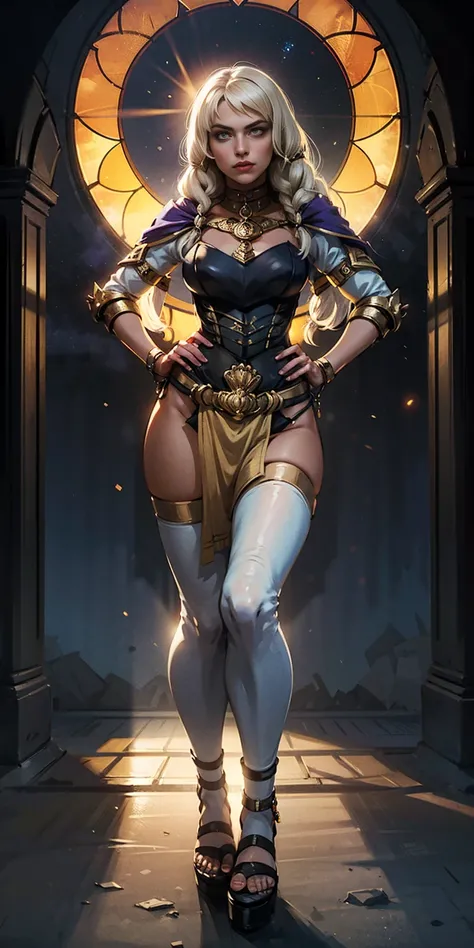 paladin lady in ornate golden armor, black collar, pauldrons, breastplate, corset, glowing halo, single braid, blonde, yellow glowing eyes, bright pupils, eye focus, red cape, temple indoors, stained glass windows, night, moonlight, particles, light beam, ...