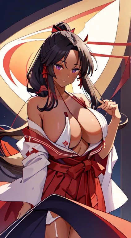 masterpiece, best quality, anime Illustration, 4k, 1 girl, solo, standing, long hair, black hair, violet eyes, high ponytail, red hair ribbon, red ribbon, red hakama and white kimono, thin fabric, nipples, erect nipples, big breasts, huge breasts, exposed ...