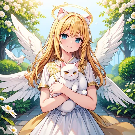 an angel with large wings, holding a small cat, a halo above its head, surrounded by soft golden light, in a peaceful garden, wi...