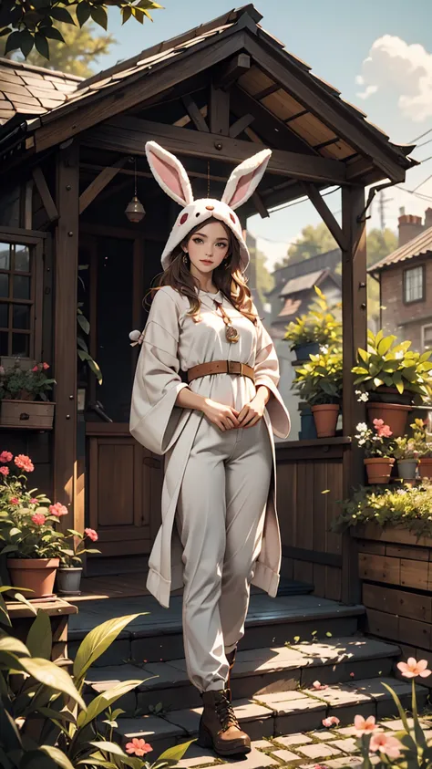 4K, Realistic, Charismatic, Very detailed, There is a girl in the garden house, Woman wearing a rabbit costume , soft theme, pants, Age 25, whole body