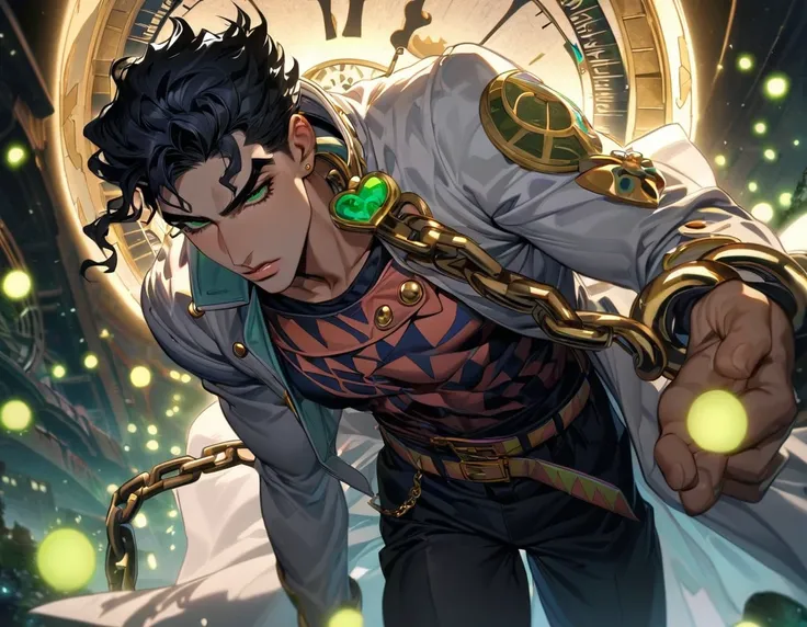 absurdres, highres, ultra detailed, HDR, master piece, best quality, extremely detailed face and eyes, perfect face, Jotaro Kujo, expressive green eyes, black hair, jojo bizarre adventure, solo, sexy man, handsome, white coat, black pants, clock mechanical...