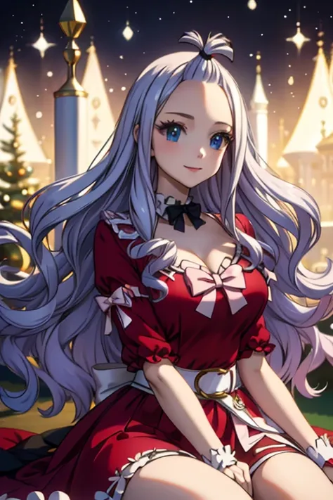 (mastpiece),ultra-detailed,realistic: mirajane strauss, santa claus costume, beautiful smile, long silver hair, sparkling blue e...