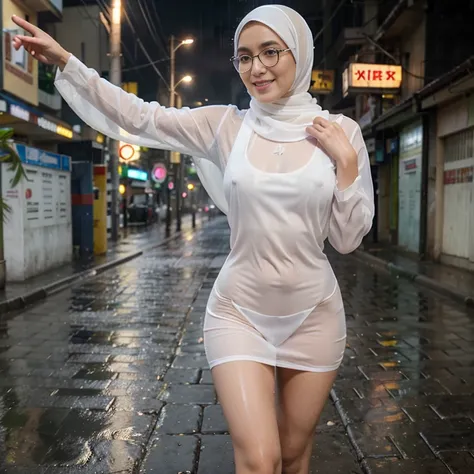 Young beautiful sweet sundanese Bogor city girl, 25 years old, slim body, georgeus face, no underwear, wearing  wet white thin hijab, all her  hairs covered under her hijab,  wearing wet white thin see through very transparent buttoned  mini dress that ver...