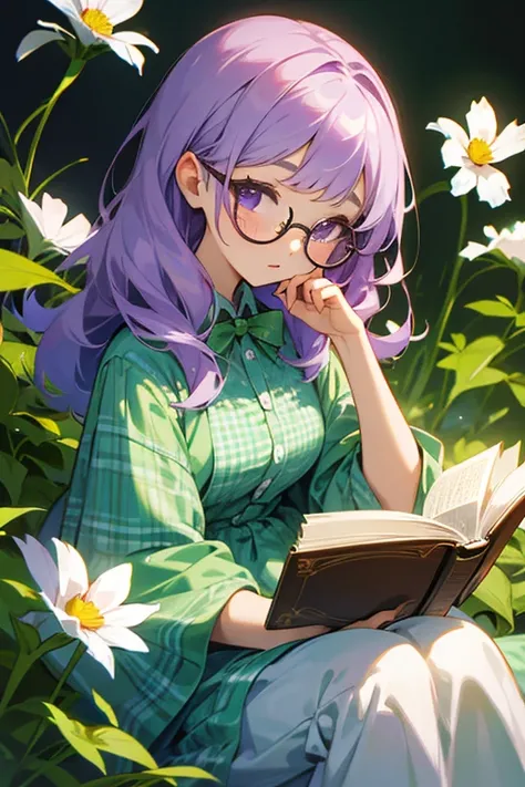 Cosmos flower fairy,Intelligent girl,Beauty with glasses,pale purple hair,She is wearing a green gingham check dress.,Reading a book,