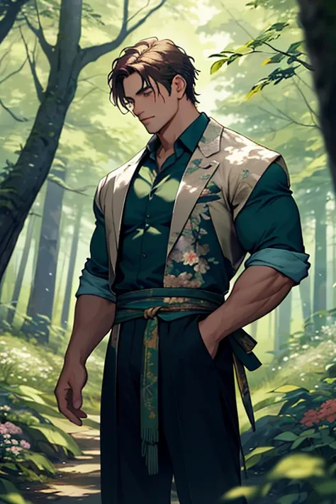 A young muscular male standing solo on the forest, six heads tall. The detailed background depicts bird, flowers and trees. The man is captured in a depth of field shot, making this masterpiece a best quality creation.