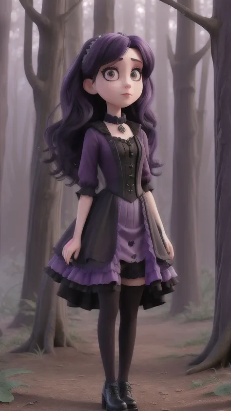 araffe dressed in a purple dress and black stockings standing in the woods, a portrait inspired by Cindy Sherman, tumblr, gothic art, pastel goth aesthetic, thighhighs and skirt, goth aesthetic, goth girl aesthetic, sensual gloomy style, witchy clothing, w...