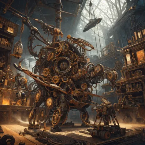 steampunk,artificial intelligence,(best quality,4k,8k,highres,masterpiece:1.2),ultra-detailed,mechanical design,retro-futuristic,Victorian era inspired,mystery,contrasting elements,bronze and copper textures,elaborate clockwork,steam-powered machinery,orna...