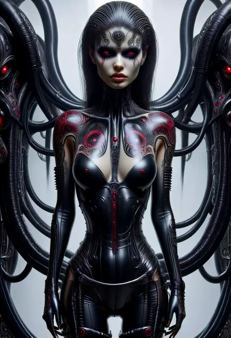 hr giger tattooed sexy seductive dead girl, perfect face, perfect body, hyper detailed ruby eyes, full body view,