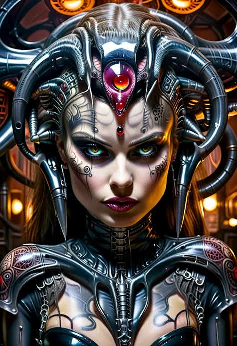 hr giger tattooed sexy seductive dead girl, perfect face, hyper detailed ruby eyes, full body view,