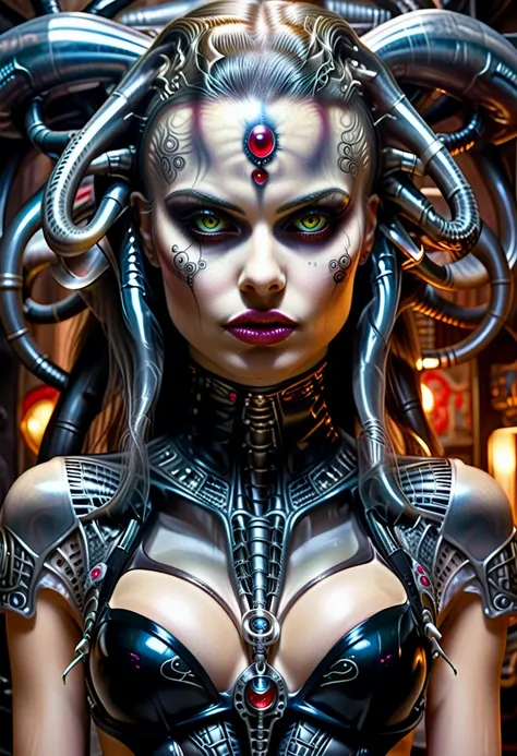 hr giger tattooed sexy seductive dead girl, perfect face, hyper detailed ruby eyes, full body view,