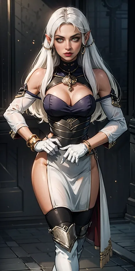 Pirotess,, (yellow eyes), white hair, silver hair, very long hair, straight hair, solo, adult woman, tall, slightly muscular, large breasted, cleavage, constricted waist, Toned body, slight abs, thin dark skin, pointy ears, lipstick, makeup, black eyeshado...