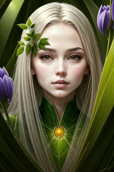 (best quality,4k,8k,highres,masterpiece:1.2),ultra-detailed,(realistic,photorealistic,photo-realistic:1.37), plant woman, very long and wavy platinum hair, beautiful detailed eyes and lips, extremely detailed face, long eyelashes, biological exoskeleton, i...