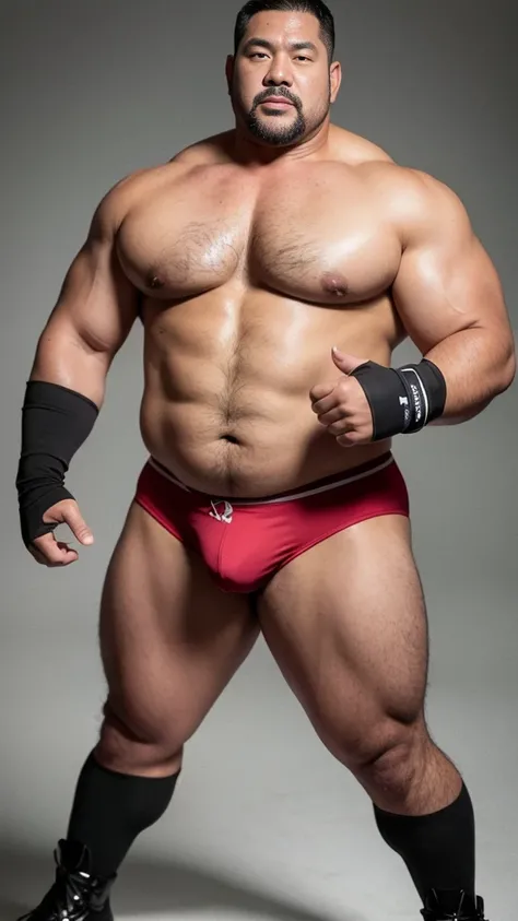 black hair, middle-aged man, individual, male, Muscular wrestler, muscular, Stout wrestler, Asian, Japanese, uncle, 55 year old middle-aged man, short hair, short hair, red wrestling boots, full body portrait, shadow, Vision, red briefs, obesity, 45 years ...