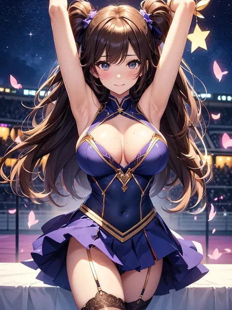 Beautiful beauty、激しいCheer Dance、Cheerleader、Mine Fujiko、elegant、Beautiful eyes、 cowboy shot、brown hair、sexy、Sweat、A friendly smile、Fantastic Light、Rembrandt　Light Magical Gentle Light 、starrynight,Full body stockings black、translate bodystocking,Big Breast...