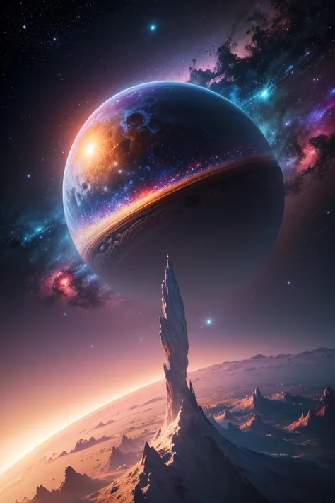 a galaxy at the top, logo abaixo um planeta parecido com Saturno, Arte digital altamente detalhada em 4k, Papel de parede hd 4 k muito detalhado, impressionante paisagem de fantasia, science fiction fantasy wallpaper, papel de parede de motor irreal 4k, Ar...