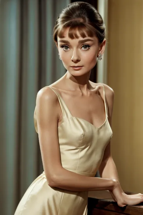 Gorgeous lady Audrey Hepburn, small breasts, beautiful Audrey Hepburn, Audrey Hepburn in a standing pose, (full body angle), portrait of Audrey Hepburn, barefoot, high cheekbones, beautiful face!! !!, very beautiful face, beautiful and delicate face, anato...