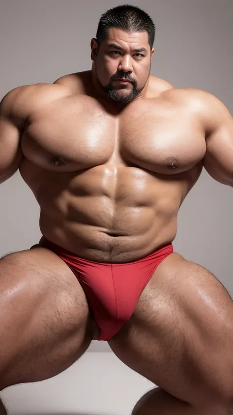 black hair, middle-aged man, individual, male, Muscular wrestler, muscular, Stout wrestler, Asian, Japanese, uncle, 55 year old middle-aged man, short hair, short hair, red wrestling boots, full body portrait, shadow, Vision, red briefs, obesity, 45 years ...