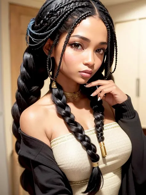 A refined description of the scene you described:

A black woman with hair braided in an intricate and elegant style is depicted in a stunning scene. Your braided hair displays a variety of patterns and textures, demonstrating skill and art in creating the...