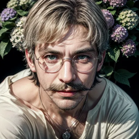 Masterpiece, best, night, full moon, 1male, mature man, man with mustache, glasses, tshirt,silver necklace, brother, royal brother, smile,short hair cut, green pupils, hairpin, hydrangea, delicate face, face close-up.