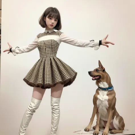 1girl,Standing in front of the viewer、masterpiece、Very detailed、Surreal、Watercolor and ink painting、high waist、Brown and dark brown houndstooth A-line dress、Dark piping、Puff sleeves、Super detailed、super beautiful、white straight short hair、Knee-high boots、Y...