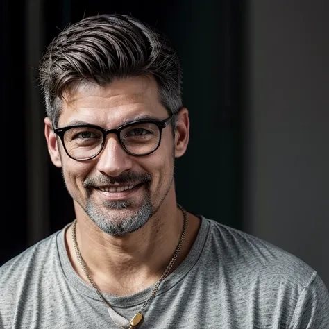 Masterpiece, best, night, full moon, 1male, mature man, man with mustache, glasses, tshirt,silver necklace, brother, royal brother, smile,short hair cut, green pupils, hairpin, hydrangea, delicate face, face close-up.