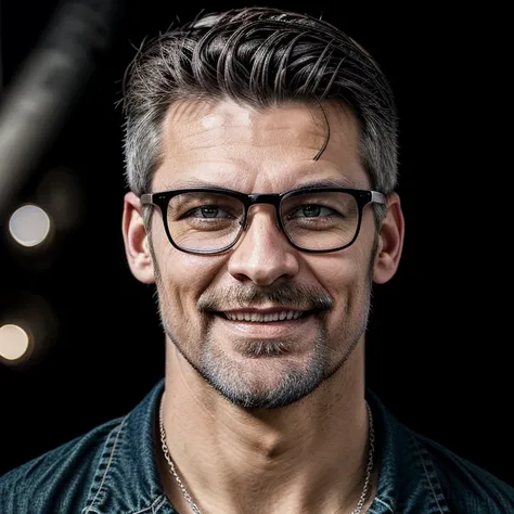 Masterpiece, best, night, full moon, 1male, mature man, man with mustache, glasses, tshirt,silver necklace, brother, royal brother, smile,short hair cut, green pupils, hairpin, hydrangea, delicate face, face close-up.