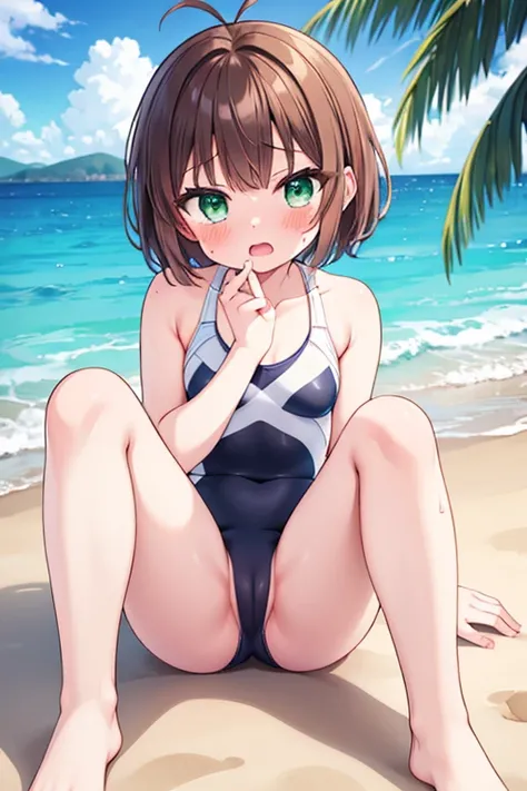 1girl, competition swimsuit,, Kinomoto sakura,solo,green eyes, brown hair, short hair,antenna hair,spread legs,beach,open mouth, sitting,shiny,looking at viewer,flat chest,blush,pussy,get wet, crying face