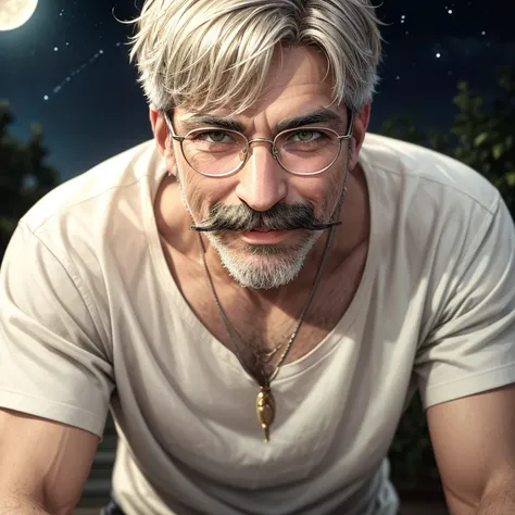 Masterpiece, best, night, full moon, 1male, mature man, man with mustache, glasses, tshirt,versity javket,silver necklace,smile,short hair cut, green pupils, hairpin, hydrangea, delicate face, face close-up.