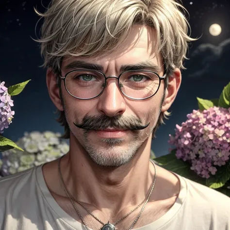 Masterpiece, best, night, full moon, 1male, mature man, man with mustache, glasses, tshirt,versity javket,silver necklace,smile,short hair cut, green pupils, hairpin, hydrangea, delicate face, face close-up.