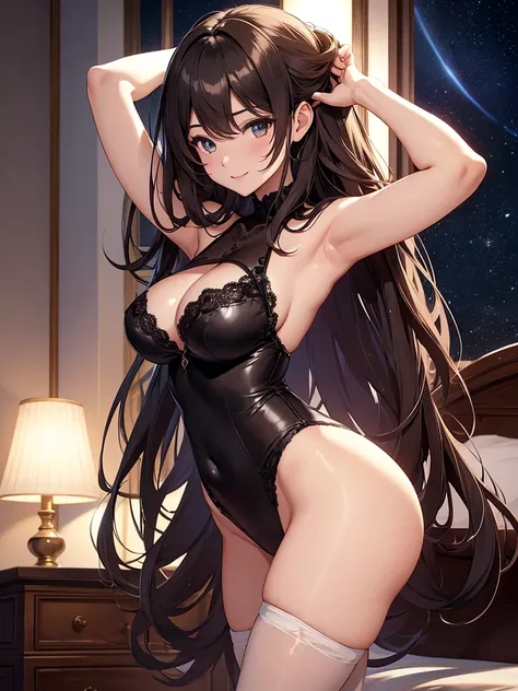 Beautiful beauty、Femme fatale、Mine Fujiko、elegant、Beautiful eyes、Erotic atmosphere、Beautiful black underwear、 cowboy shot,Front symmetry、、flower、brown hair、sexy、Sweat、A friendly smile、Hotel room、Fantastic Light、Mysterious Light、Rembrandt　Light Magical Gent...