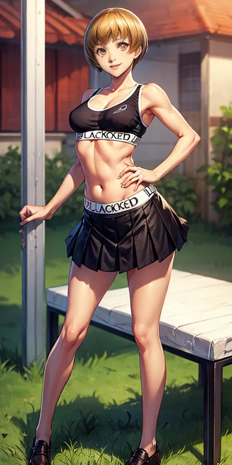 blacked, sports bra, plain black bra, outdoors, female (chie satonaka | persona 4) full body standing on bed, cowboy shot, absur...