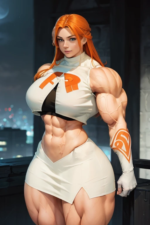 (((((Massive tall, beautiful, buff, pale white muscular goddess woman with orange hair, ginormous bulky muscles and wearing a sleeveless team rocket uniform with skirt))))), close view, (massive muscles), massive biceps, hyper muscle shoulders, (ginormous ...