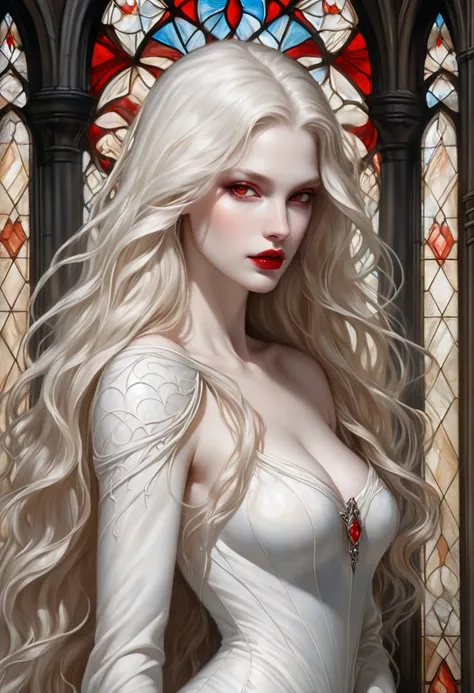 Lucy Wetenra, character from the book Dracula by Bram Stoker, beautiful and sensual, completely naked, with completely white and pale skin, red eyes, with very long, wavy white hair, walking through the gallery of an ancient mausoleum full of stained glass...